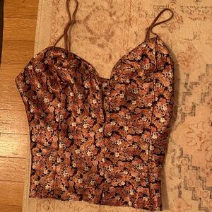 Vintage Floral Satin Bustier Crop Top - Black & Rust Floral